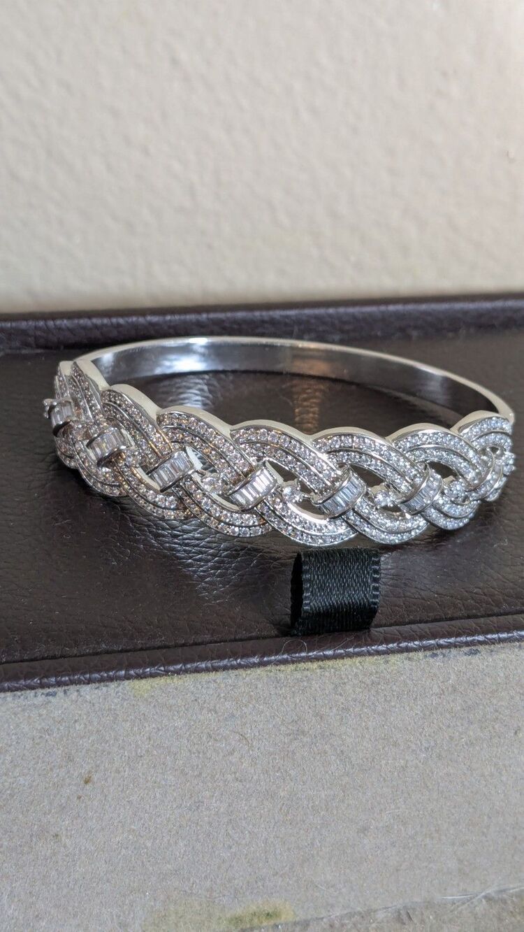 Seta Silver Cuff CZ Crossover Braided Bracelet Baguette & Pavé